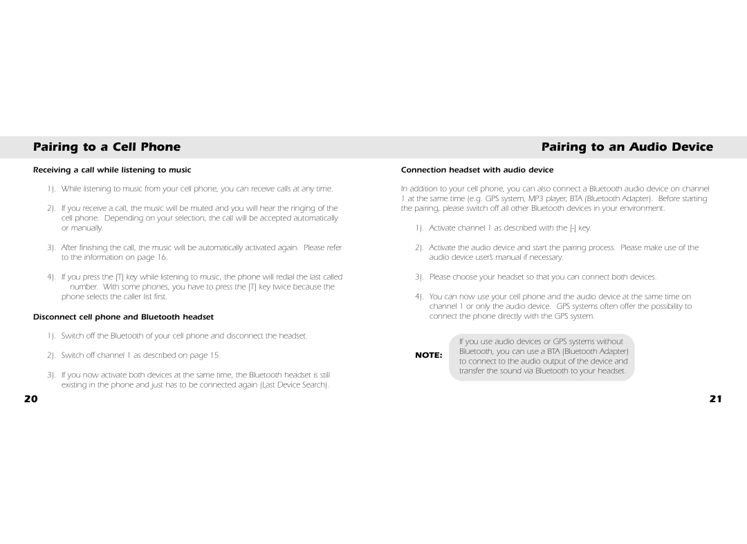 Whistler BT3200, BT2300, BT3300, BT2200 owner manual Pairing to an Audio Device, Receiving a call while listening to music 