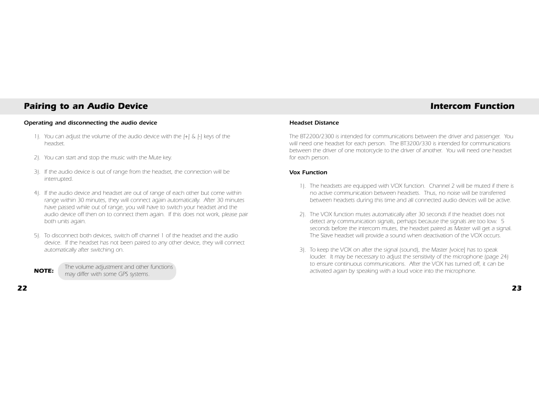 Whistler BT2300, BT3200 Intercom Function, Operating and disconnecting the audio device, Headset Distance, Vox Function 