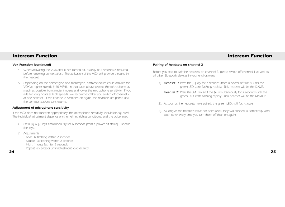 Whistler BT3300, BT3200, BT2300, BT2200 owner manual Adjustment of microphone sensitivity, Pairing of headsets on channel 