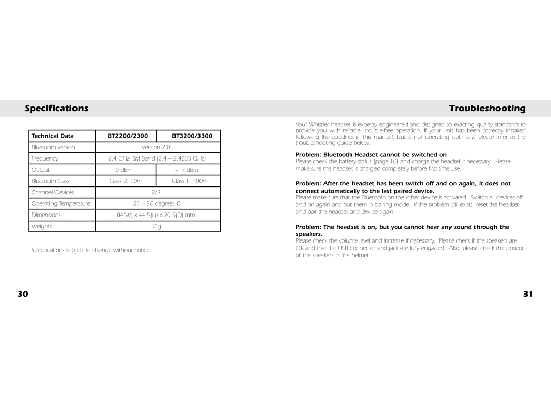 Whistler BT2300, BT3300 owner manual Specifications, Troubleshooting, Technical Data BT2200/2300 BT3200/3300 