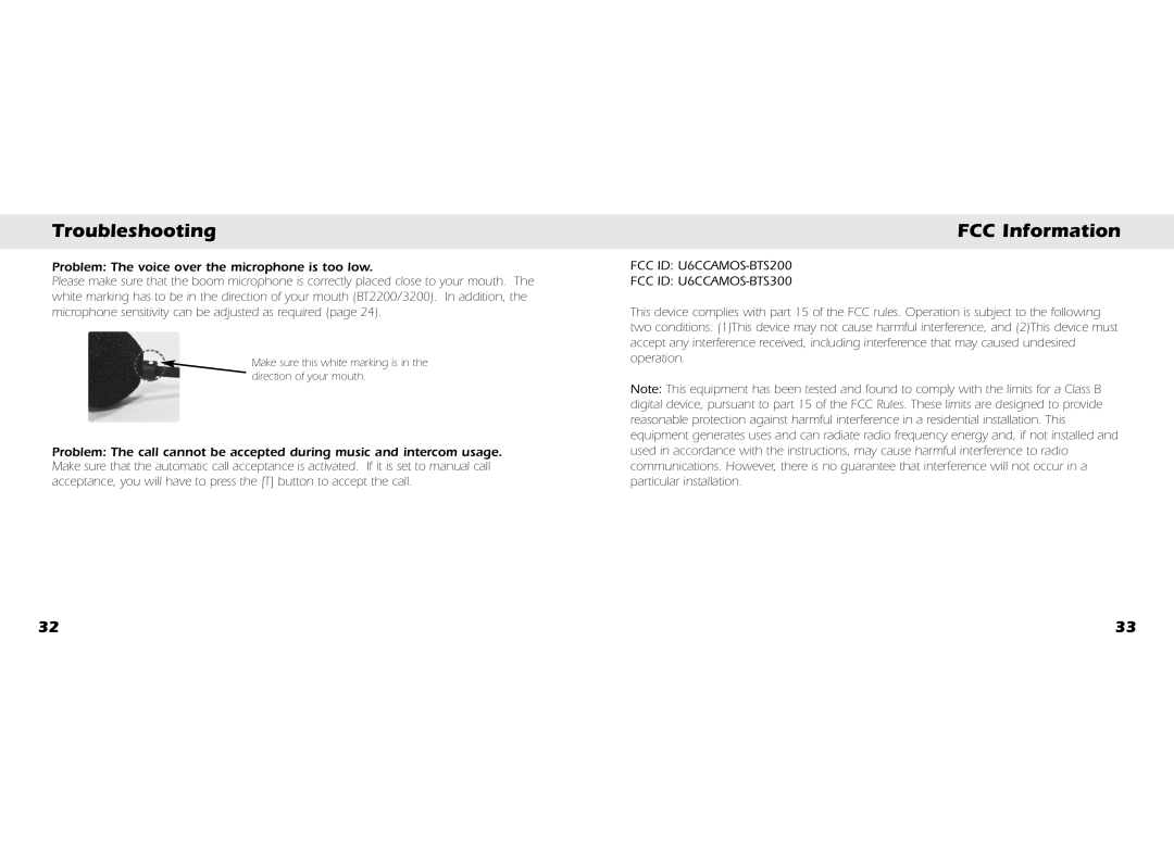 Whistler BT3300, BT3200, BT2300, BT2200 owner manual FCC Information, Problem The voice over the microphone is too low 