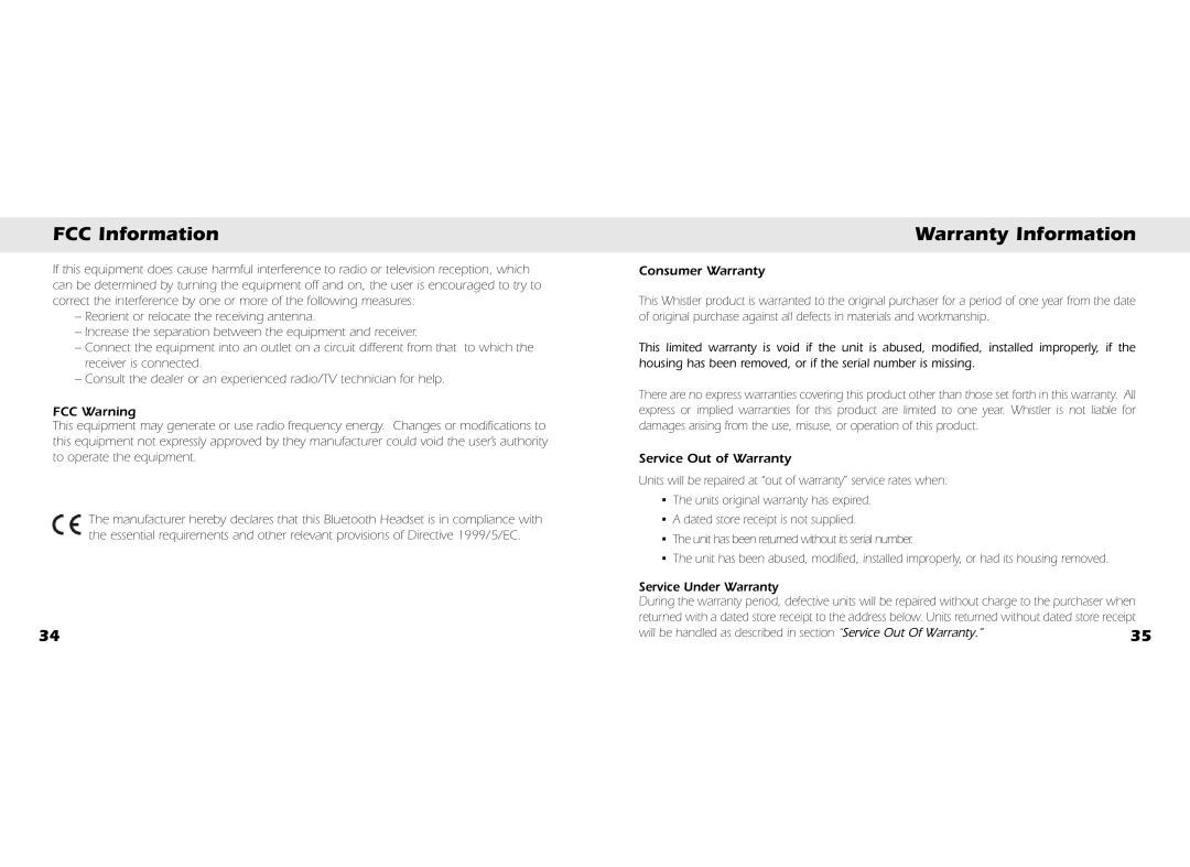 Whistler BT2200 Warranty Information, FCC Warning, Consumer Warranty, Service Out of Warranty, Service Under Warranty 