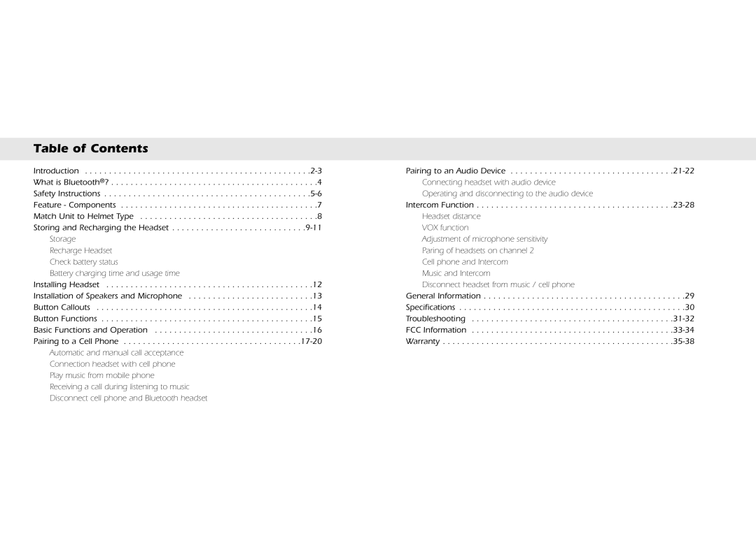 Whistler BT3300, BT3200, BT2300, BT2200 owner manual Table of Contents 