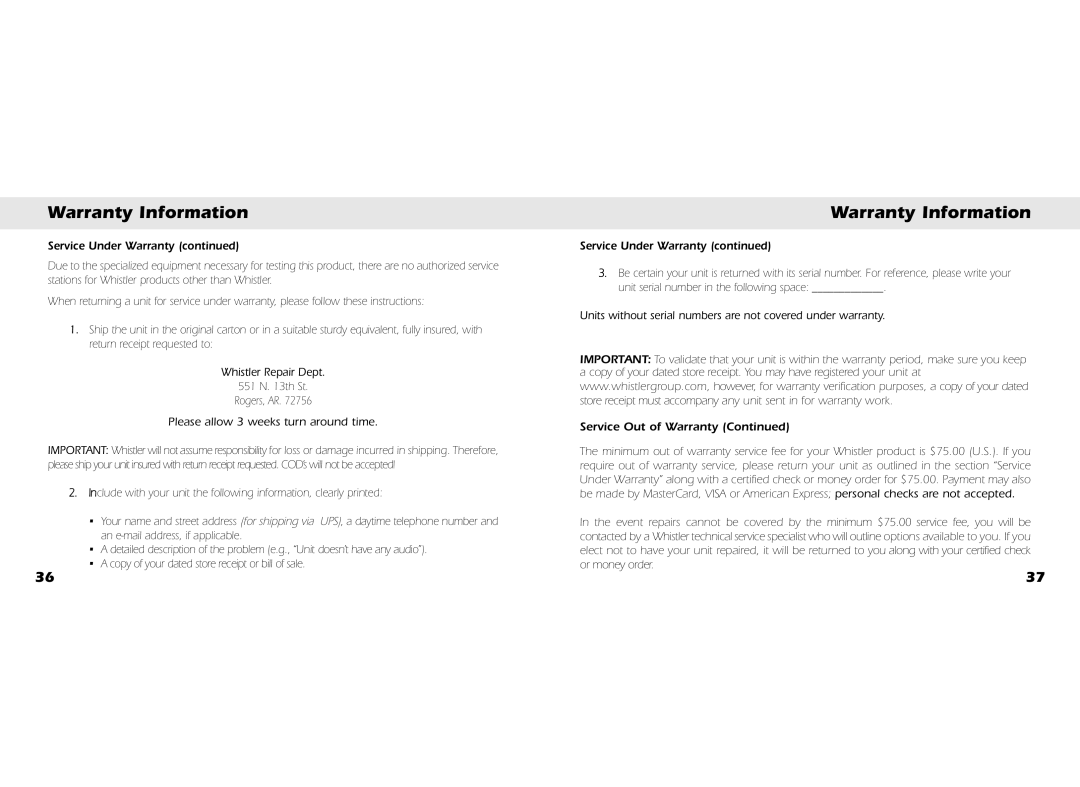 Whistler BT3200, BT2300, BT3300, BT2200 owner manual Please allow 3 weeks turn around time 