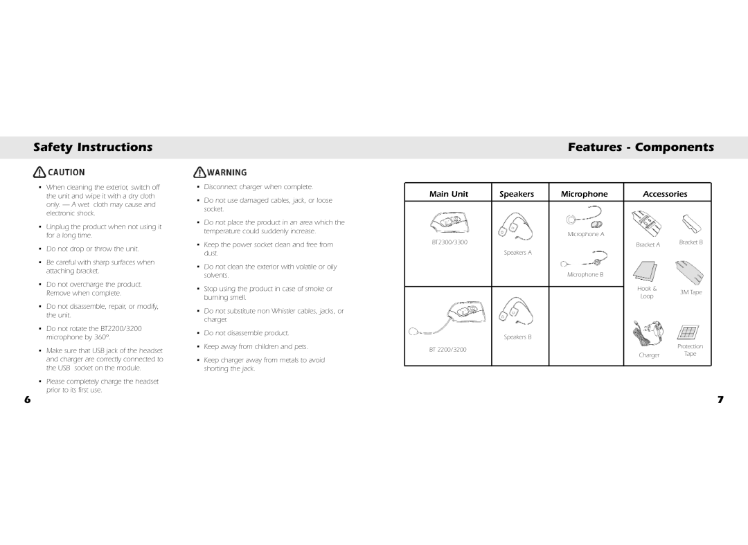 Whistler BT2300, BT3200, BT3300, BT2200 owner manual Features Components, Main Unit Speakers Microphone Accessories 