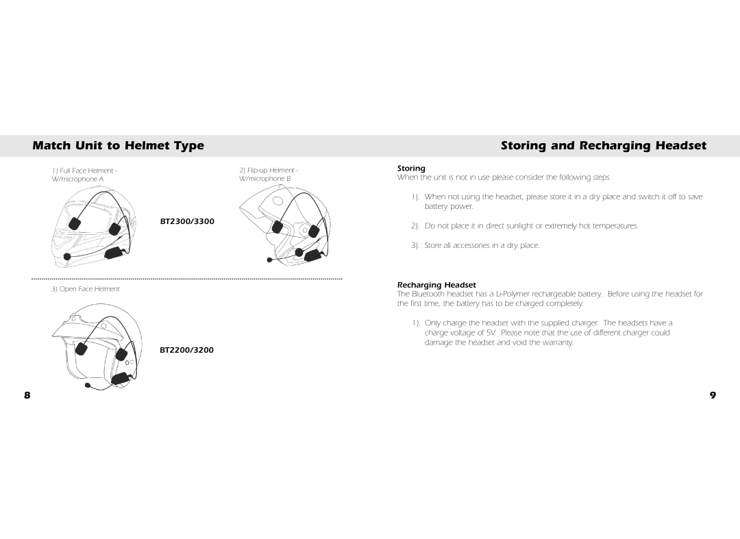 Whistler BT3300, BT3200, BT2300, BT2200 owner manual Match Unit to Helmet Type, Storing and Recharging Headset 