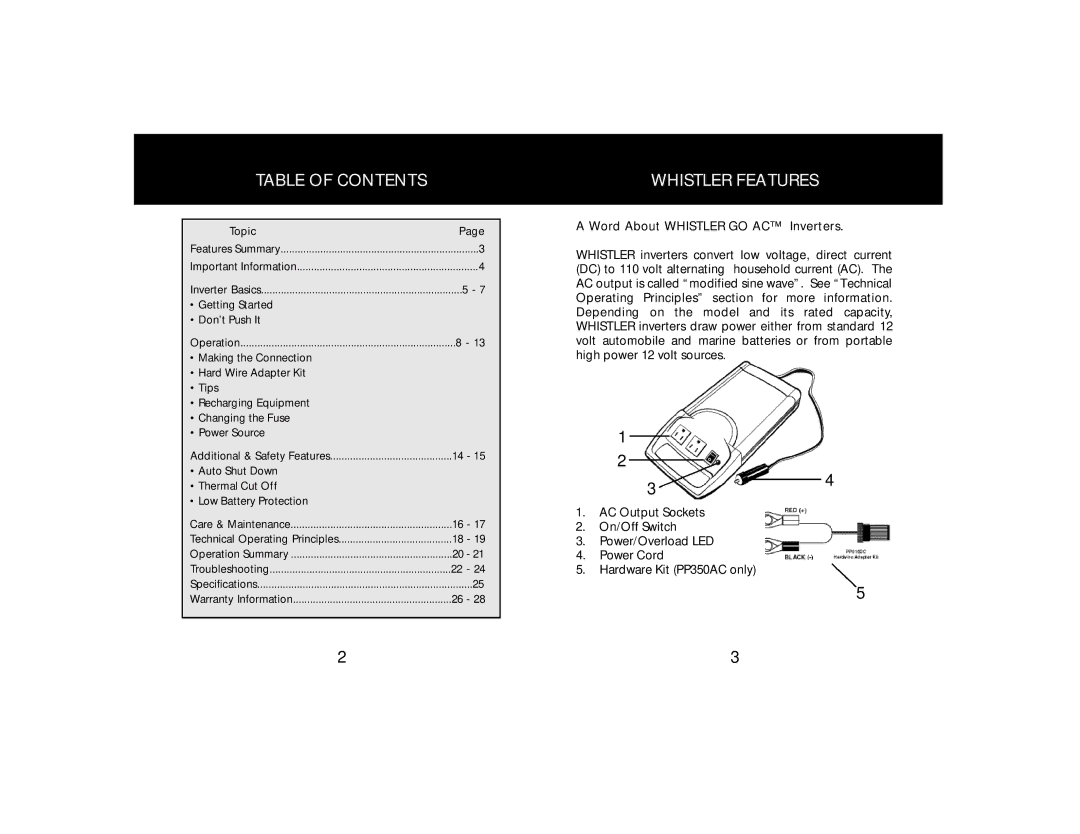 Whistler PP150AC, PP350AC owner manual Table of Contents, Whistler Features 