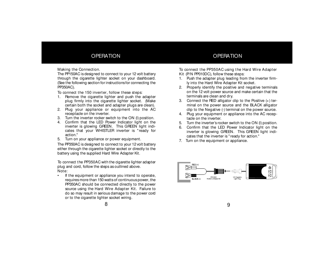 Whistler PP150AC owner manual Operation, To connect the PP350AC using the Hard Wire Adapter 