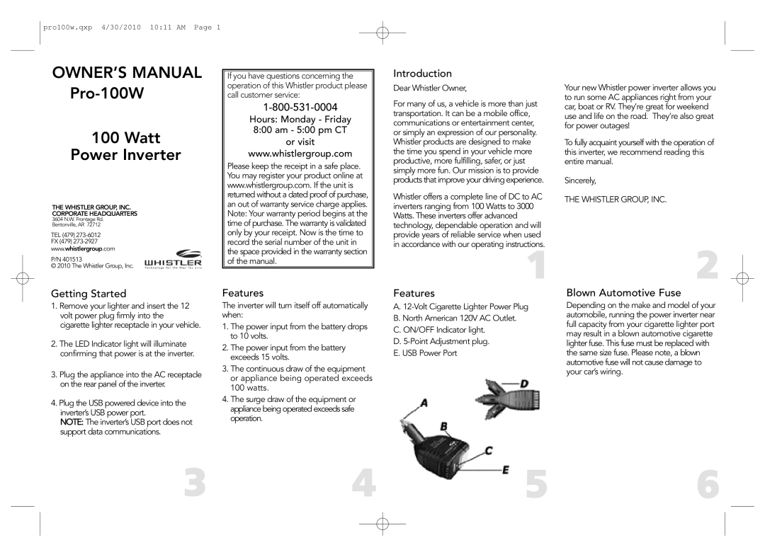 Whistler PRO-100W owner manual Introduction, Getting Started, Features, Blown Automotive Fuse 