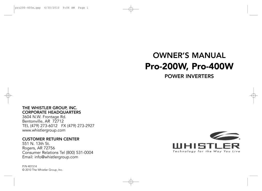 Whistler PRO-400W, PRO-200W owner manual Pro-200W, Pro-400W 