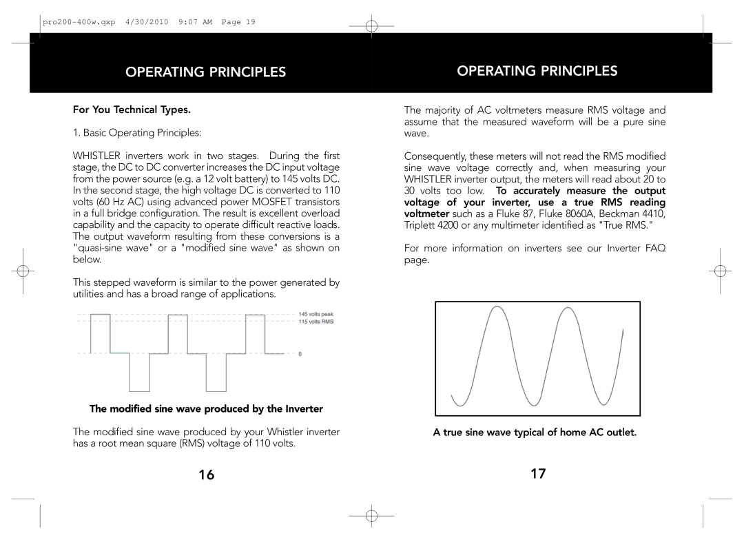 Whistler PRO-200W, PRO-400W owner manual Operating Principles, Modified sine wave produced by the Inverter 