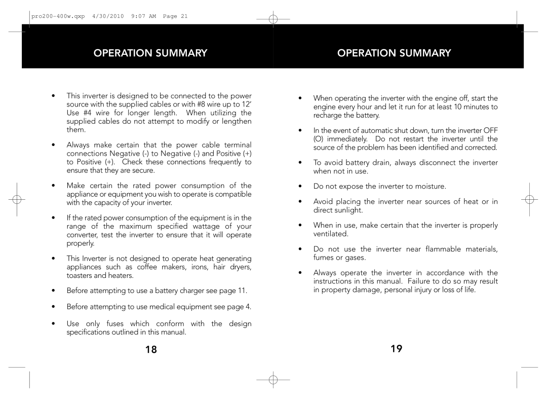 Whistler PRO-400W, PRO-200W owner manual Operation Summary 