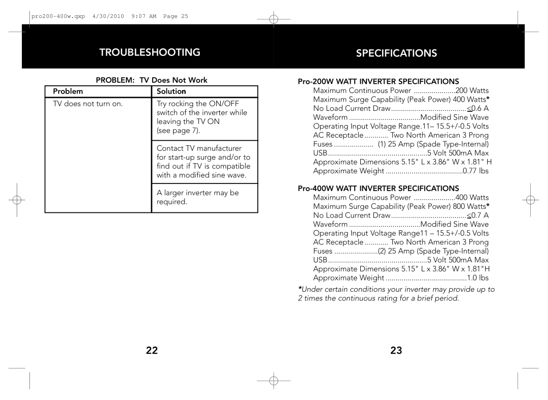 Whistler PRO-400W, PRO-200W owner manual Specifications 