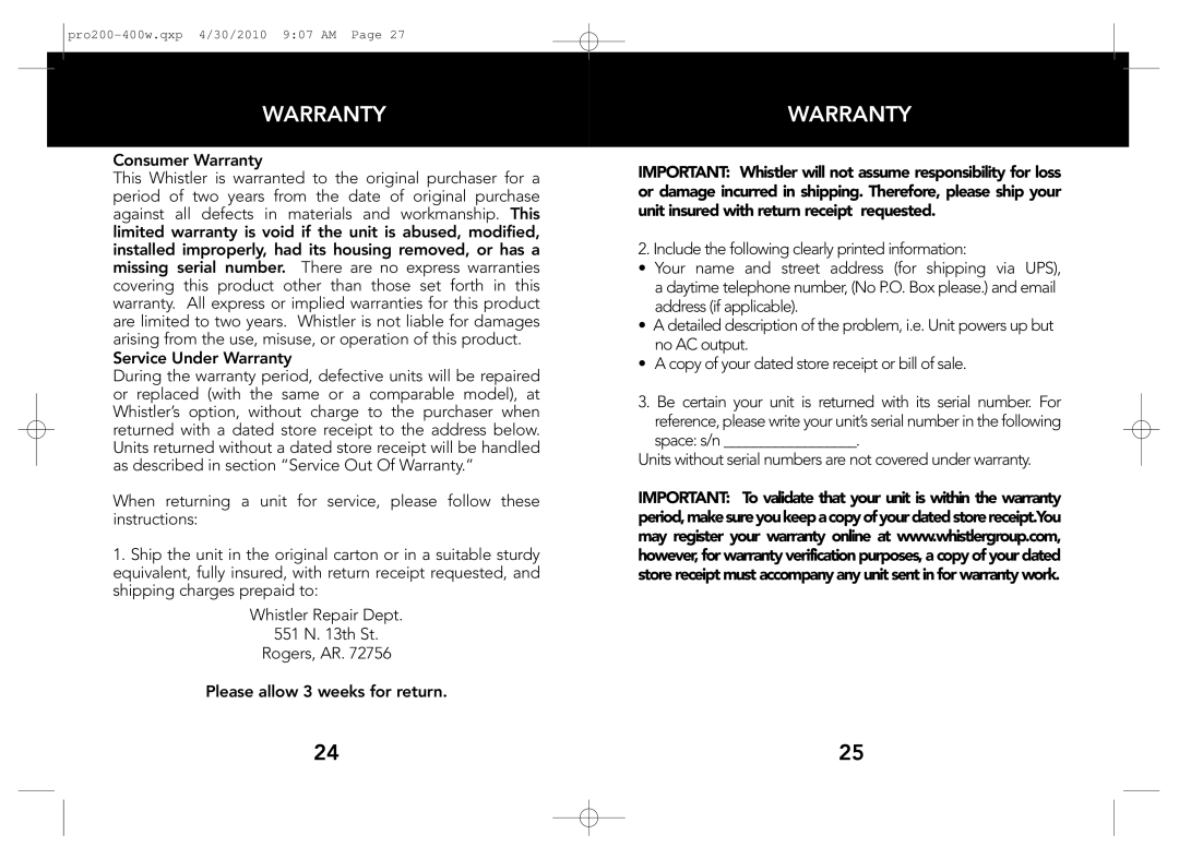 Whistler PRO-200W, PRO-400W owner manual Warranty 