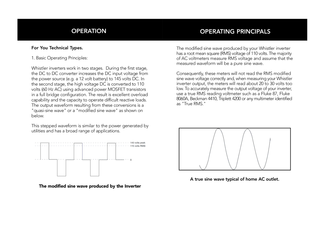 Whistler PRO-3000W, PRO-2500W, PRO-1600W, PRO-1200W, PRO-2000W Operating Principals, True sine wave typical of home AC outlet 