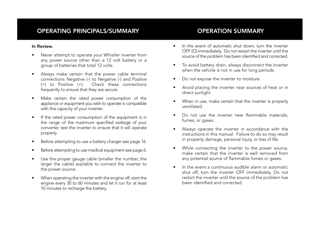 Whistler PRO-2500W, PRO-3000W, PRO-1600W, PRO-1200W, PRO-2000W owner manual Operating PRINCIPALS/SUMMARY, Operation Summary 