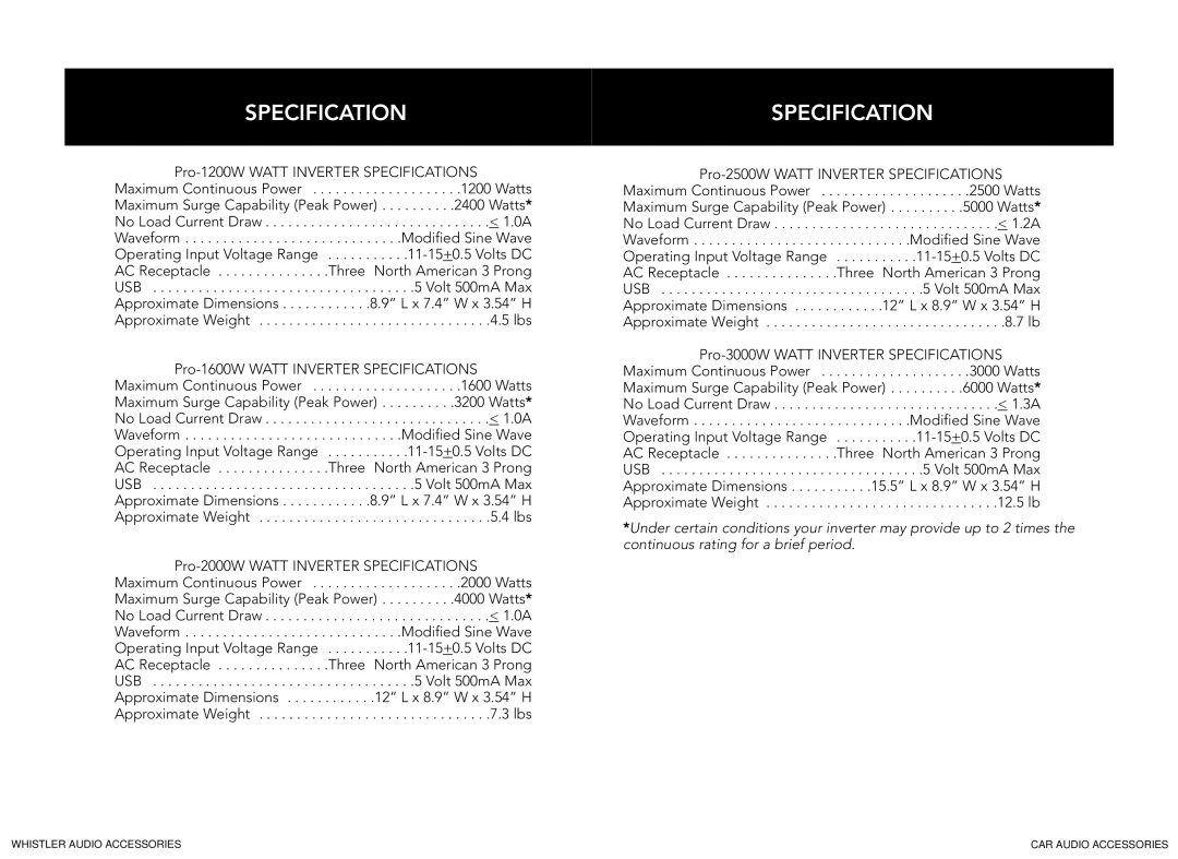 Whistler PRO-1200W, PRO-3000W, PRO-2500W, PRO-1600W, PRO-2000W owner manual Pro-1200W Watt Inverter Specifications 