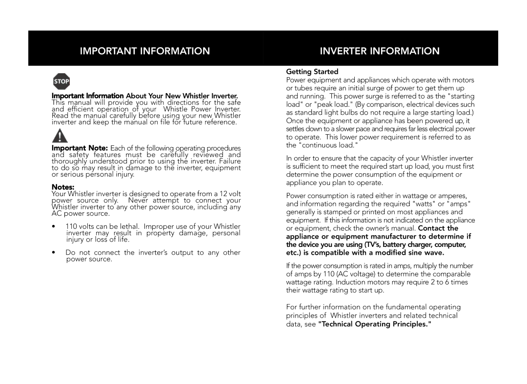 Whistler PRO-1200W, PRO-3000W, PRO-2500W, PRO-1600W, PRO-2000W Important Information, Inverter Information, Getting Started 