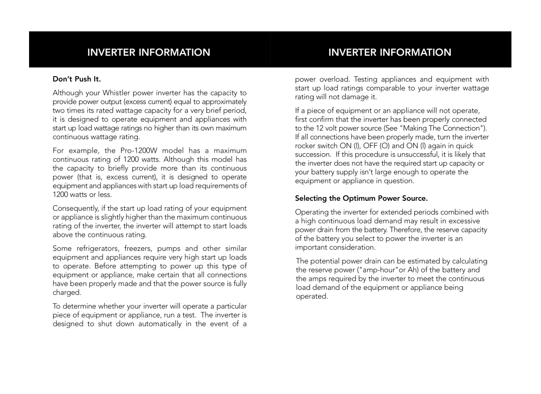 Whistler PRO-2000W, PRO-3000W, PRO-2500W, PRO-1600W, PRO-1200W owner manual Inverter Information 