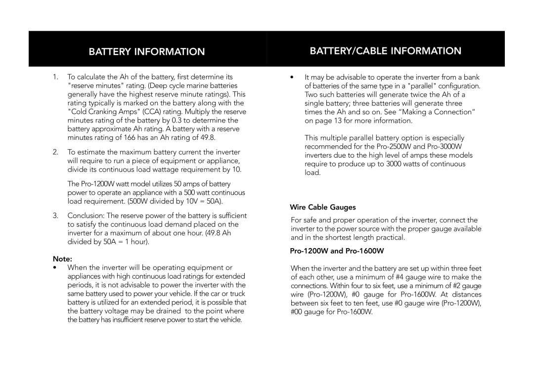 Whistler PRO-3000W, PRO-2500W, PRO-1600W, PRO-1200W, PRO-2000W owner manual Battery Information, BATTERY/CABLE Information 