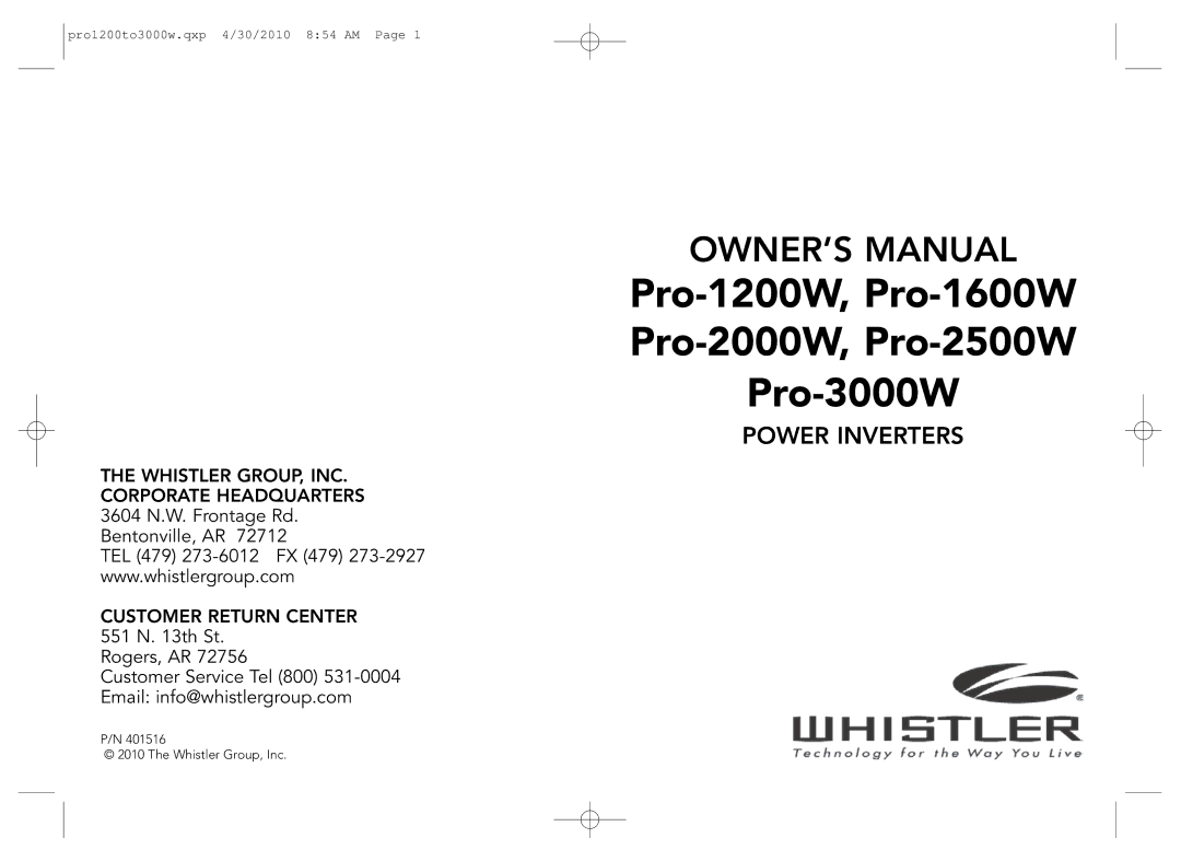 Whistler PRO-2500W, PRO-3000W, PRO-1600W, PRO-1200W owner manual Pro-1200W, Pro-1600W Pro-2000W, Pro-2500W Pro-3000W 