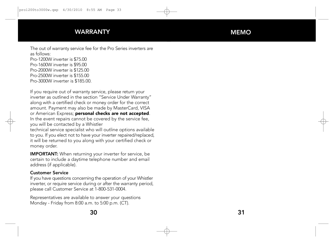 Whistler PRO-1600W, PRO-3000W, PRO-2500W, PRO-1200W, PRO-2000W owner manual Warranty Memo 