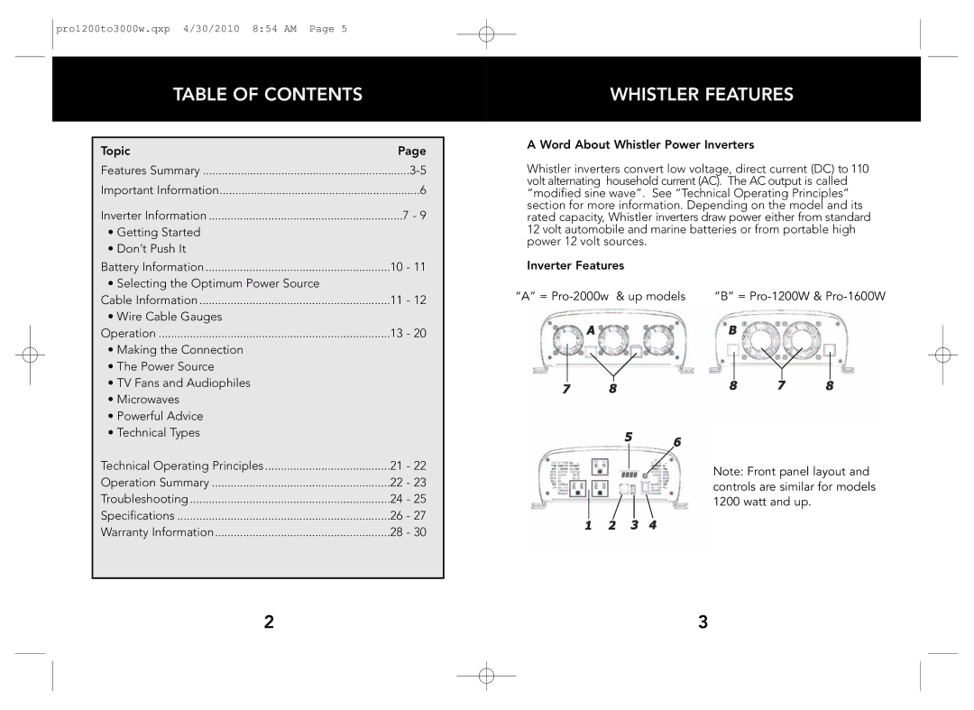 Whistler PRO-1200W, PRO-3000W, PRO-2500W, PRO-1600W, PRO-2000W owner manual Table of Contents, Whistler Features 