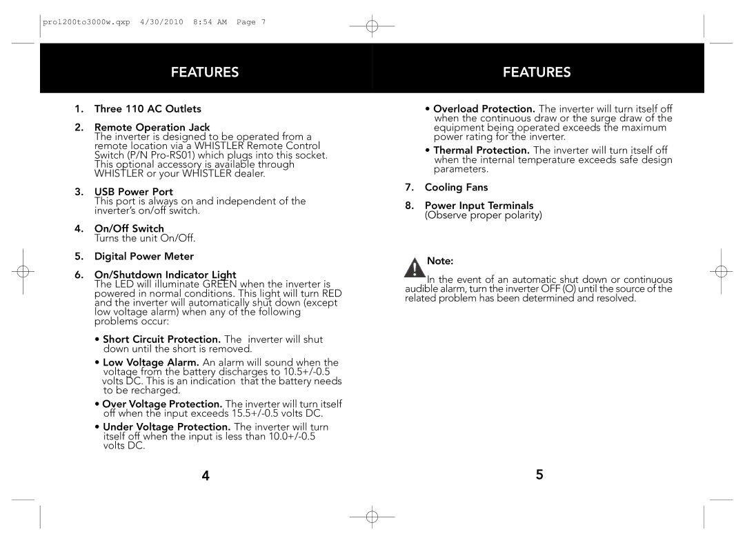 Whistler PRO-2000W, PRO-3000W, PRO-2500W, PRO-1600W, PRO-1200W owner manual Features 