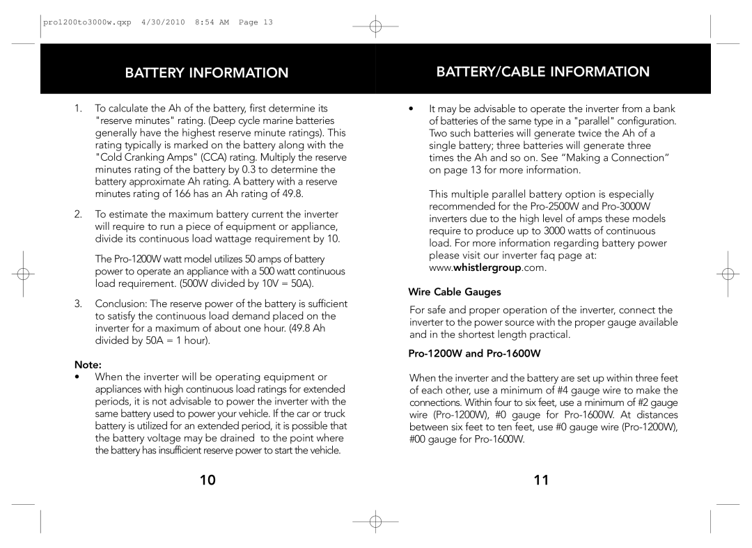 Whistler PRO-1600W, PRO-3000W, PRO-2500W, PRO-1200W, PRO-2000W owner manual Battery Information, BATTERY/CABLE Information 