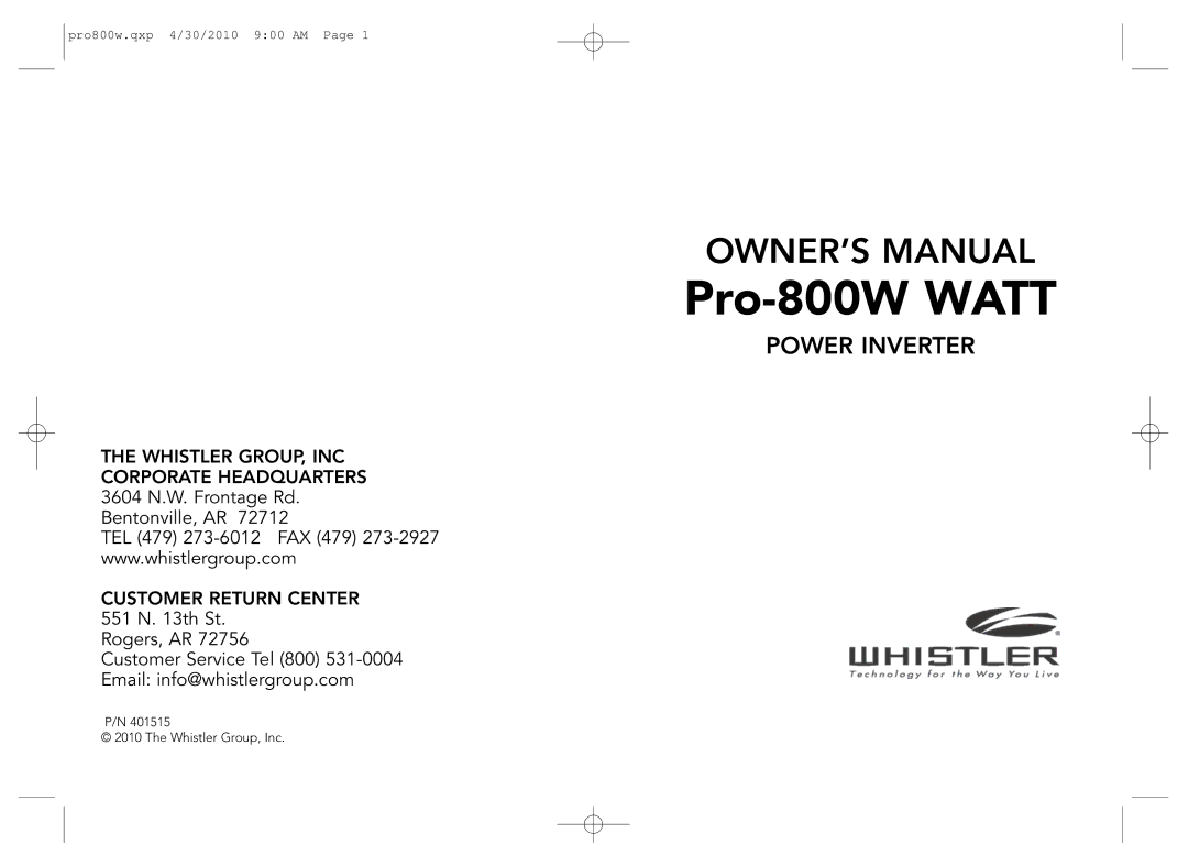 Whistler PRO-800W owner manual Pro-800W Watt 