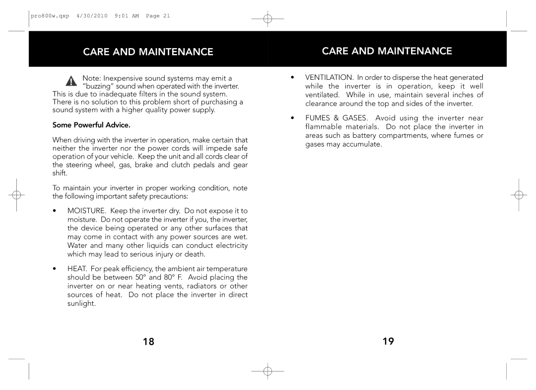 Whistler PRO-800W owner manual Care and Maintenance 