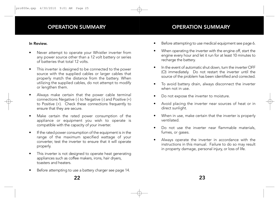 Whistler PRO-800W owner manual Operation Summary 