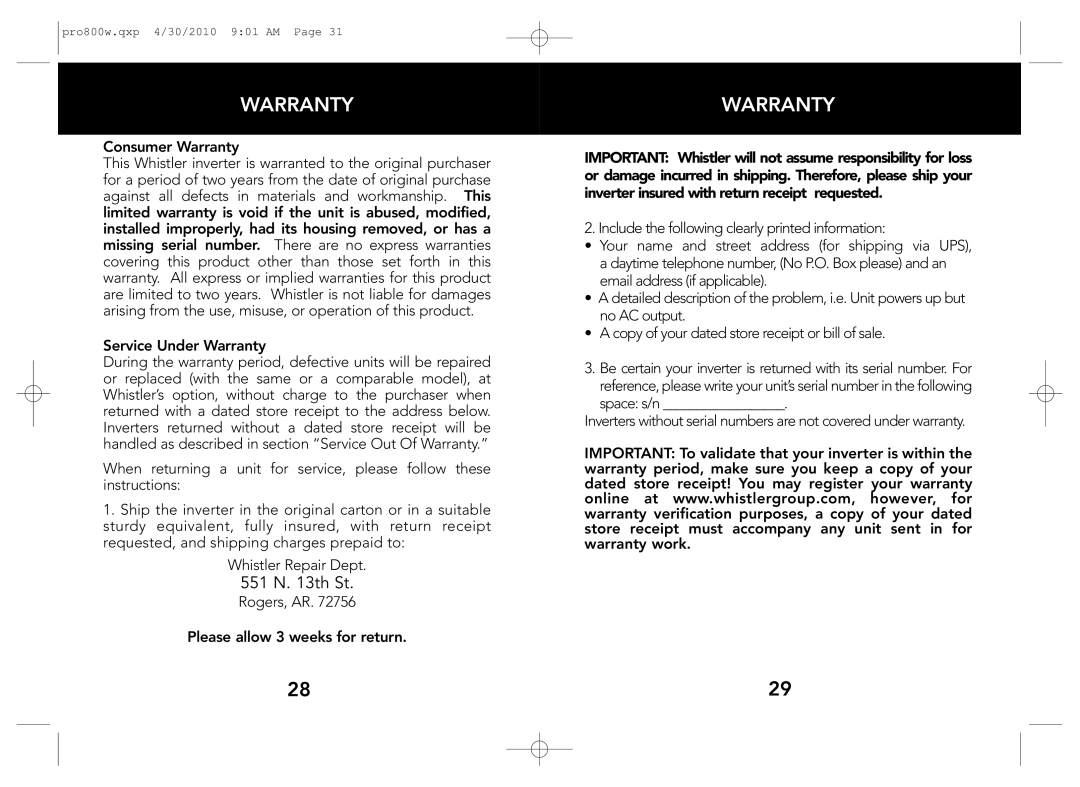 Whistler PRO-800W owner manual Consumer Warranty 