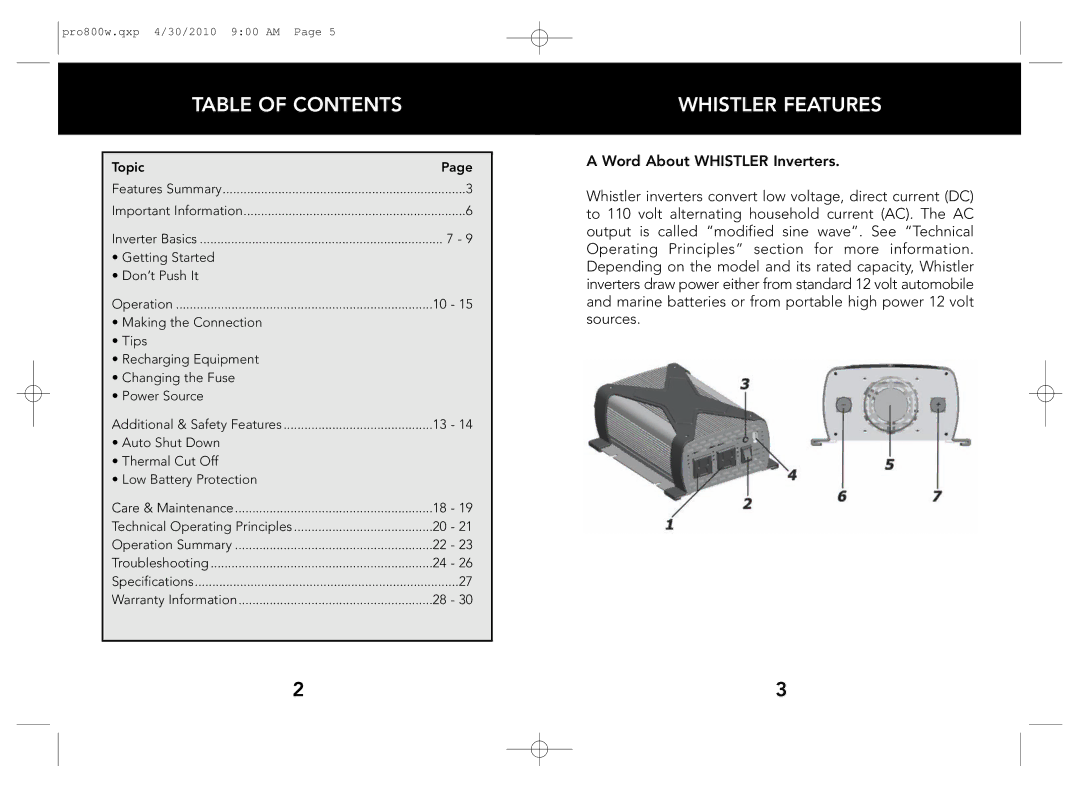 Whistler PRO-800W owner manual Table of Contents, Whistler Features 