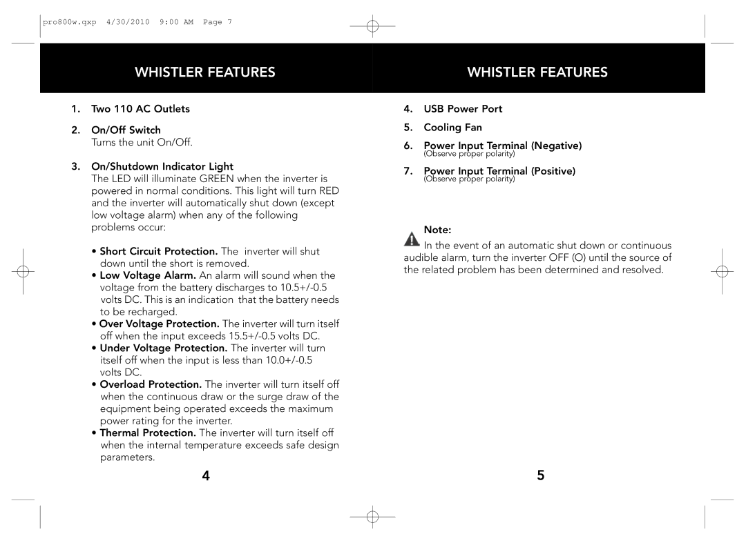 Whistler PRO-800W owner manual USB Power Port Cooling Fan Power Input Terminal Negative 