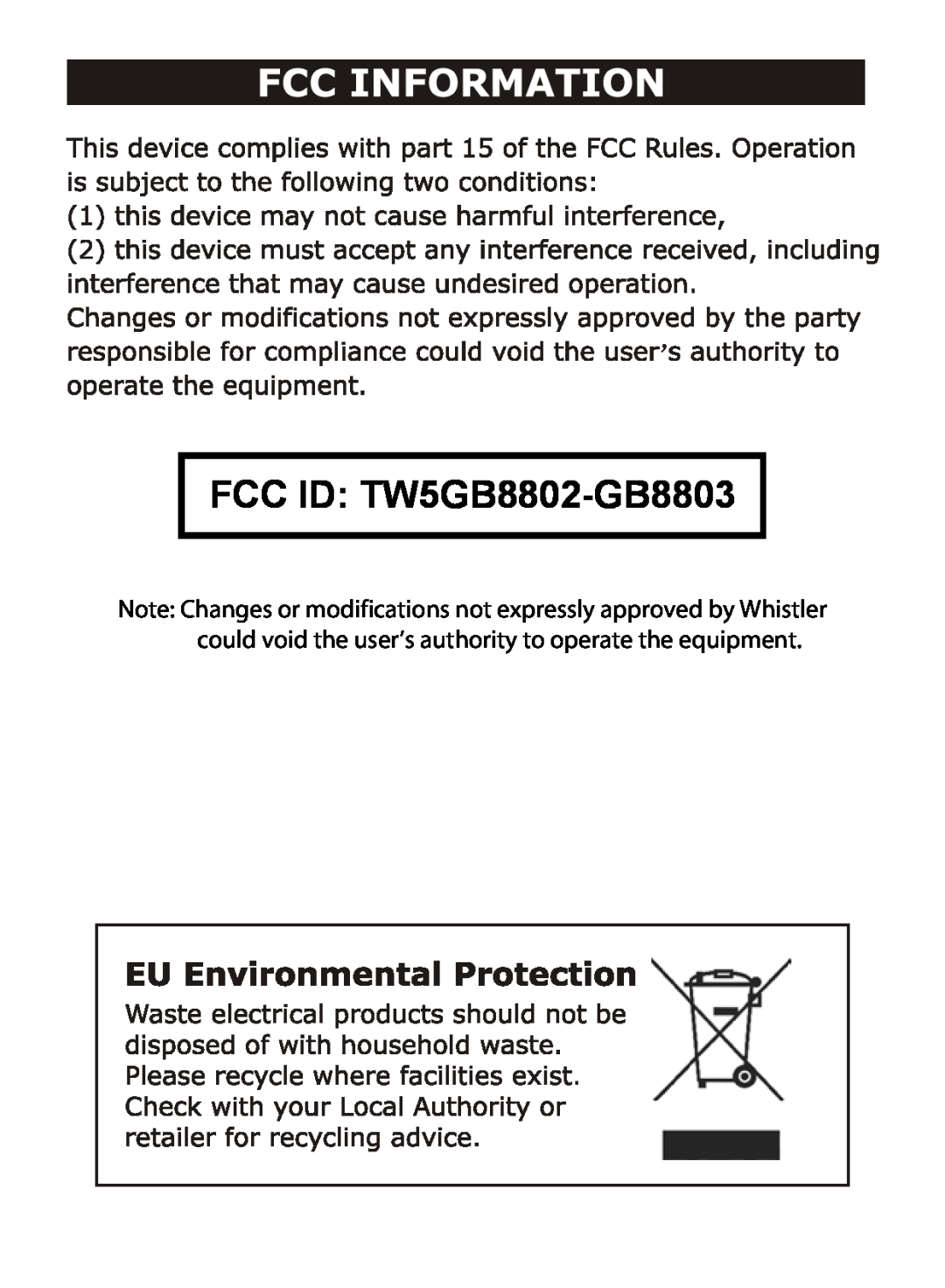 Whistler WIC-2409C user manual FCC ID TW5GB8802-GB8803 