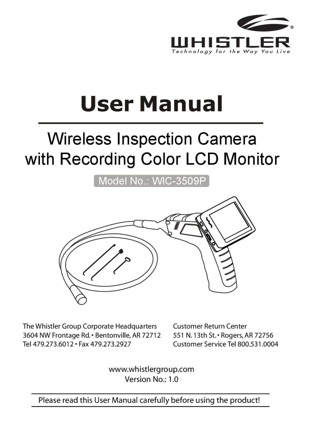 Whistler WIC-3509P user manual Wireless Inspection Camera With Recording Color LCD Monitor 