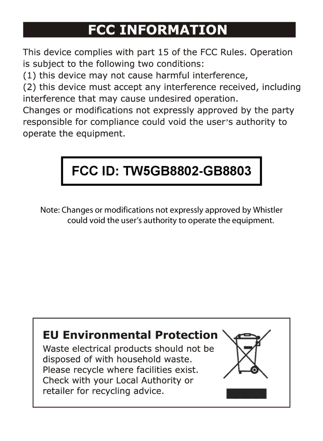 Whistler WIC-3509P user manual FCC ID TW5GB8802-GB8803 