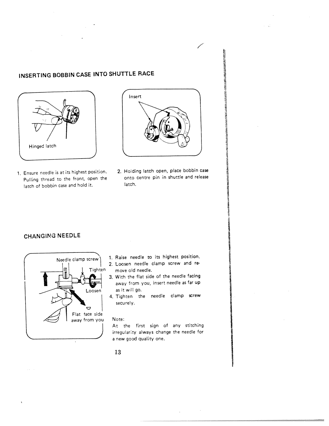 White 1000 instruction manual Inserting, Shuttle Race, Changing Needle, Bobbin Case Into 