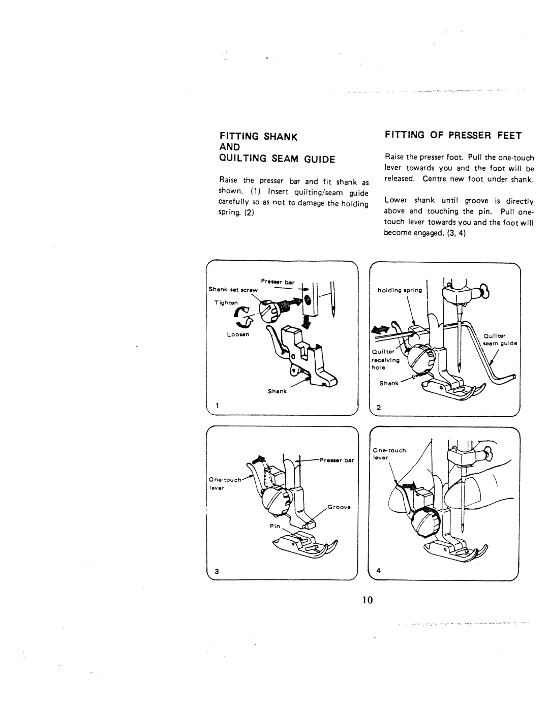 White 1000 instruction manual Fitting of Presser Feet, Fitting Shank Quilting, Guide 