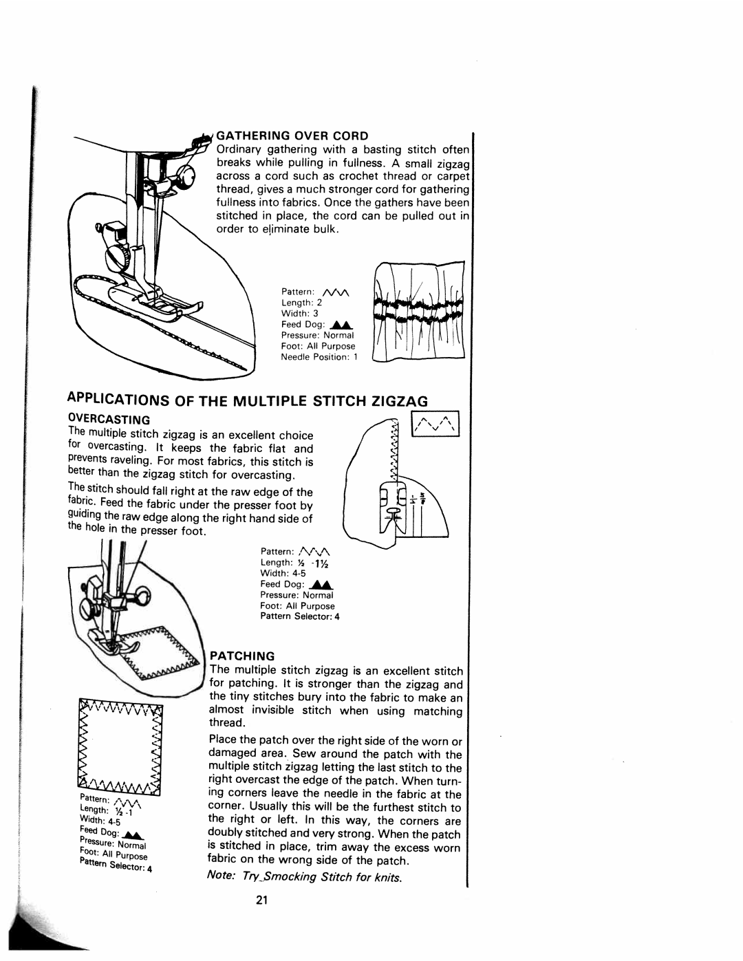 White 1240 manual Applications Multiple Stitch Zigzag, Stronger, Gathering, Cord, Patching 