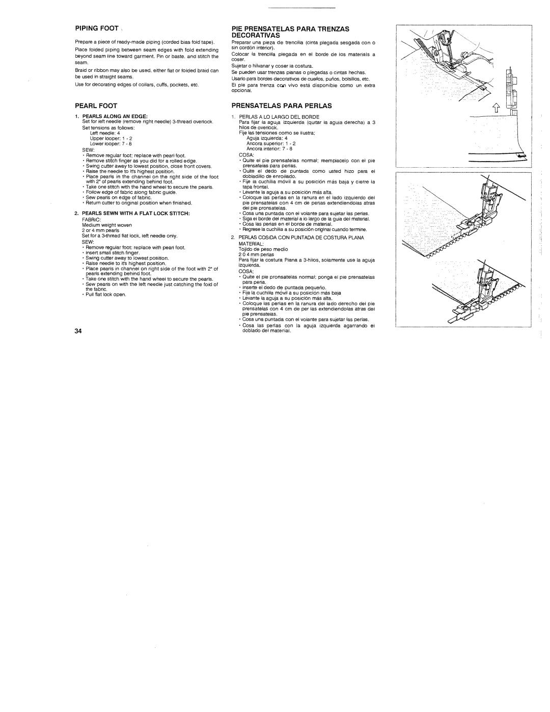 White 1300DE instruction manual Piping Foot, PIE Prensatelas Para Trenzas Decorativas, Pearl Foot, Prensatelas Para Perlas 