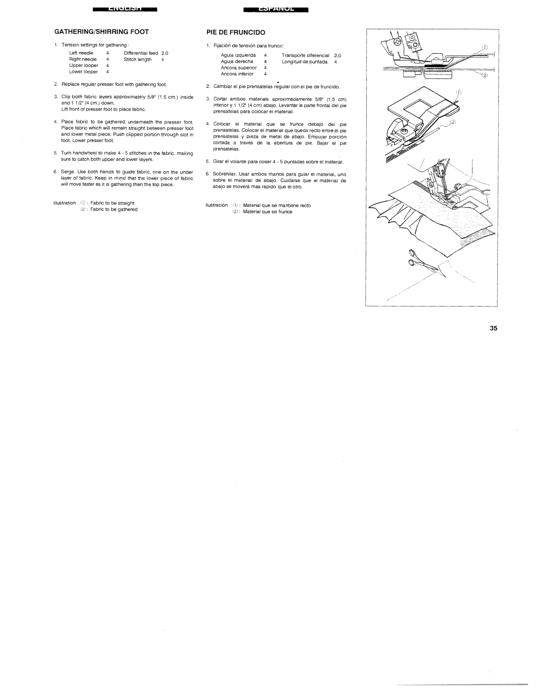 White 1300DE instruction manual GATHERING/SHIRRING Foot, PIE DE Fruncido 