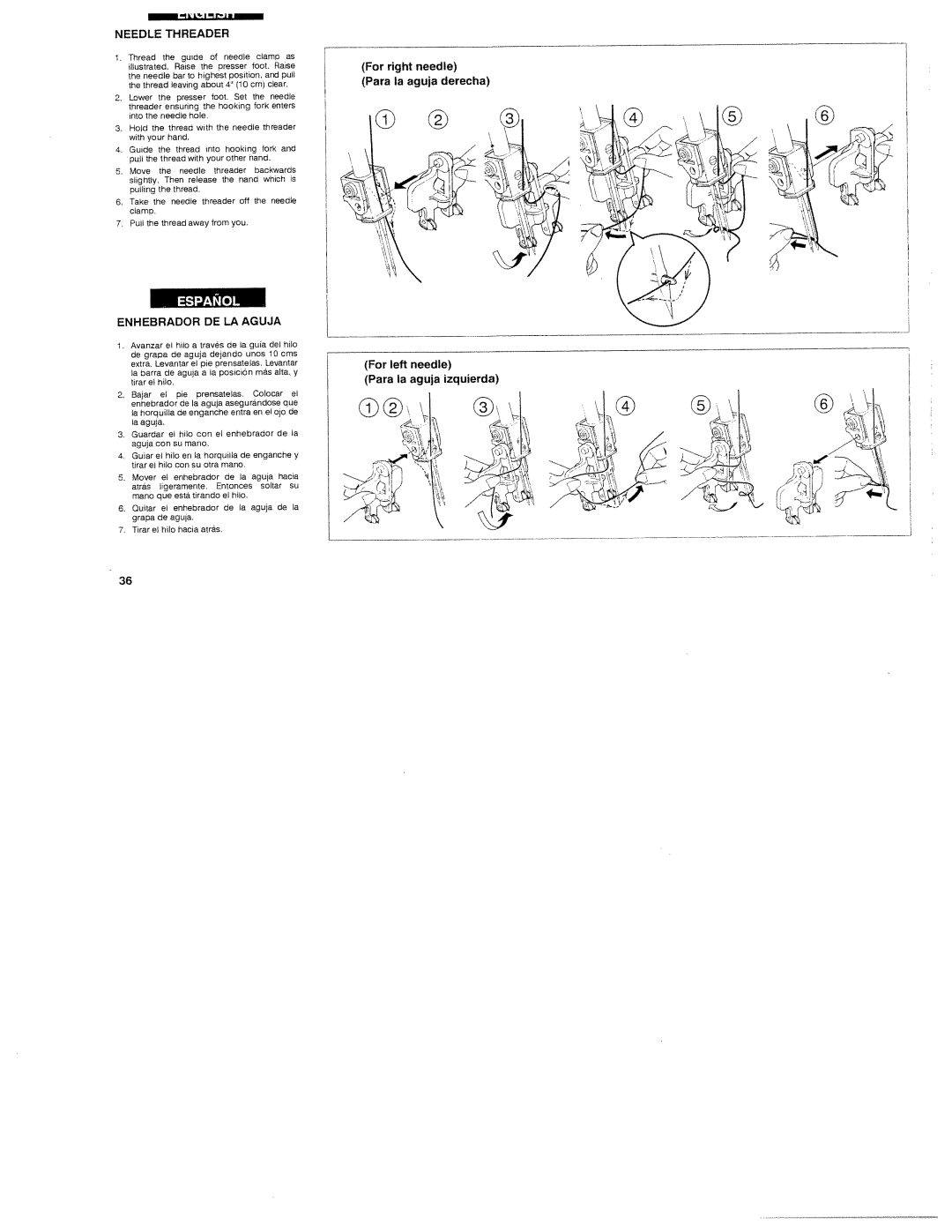 White 1300DE instruction manual Needle Threader, Enhebrador Aguja, For left Para Ia 