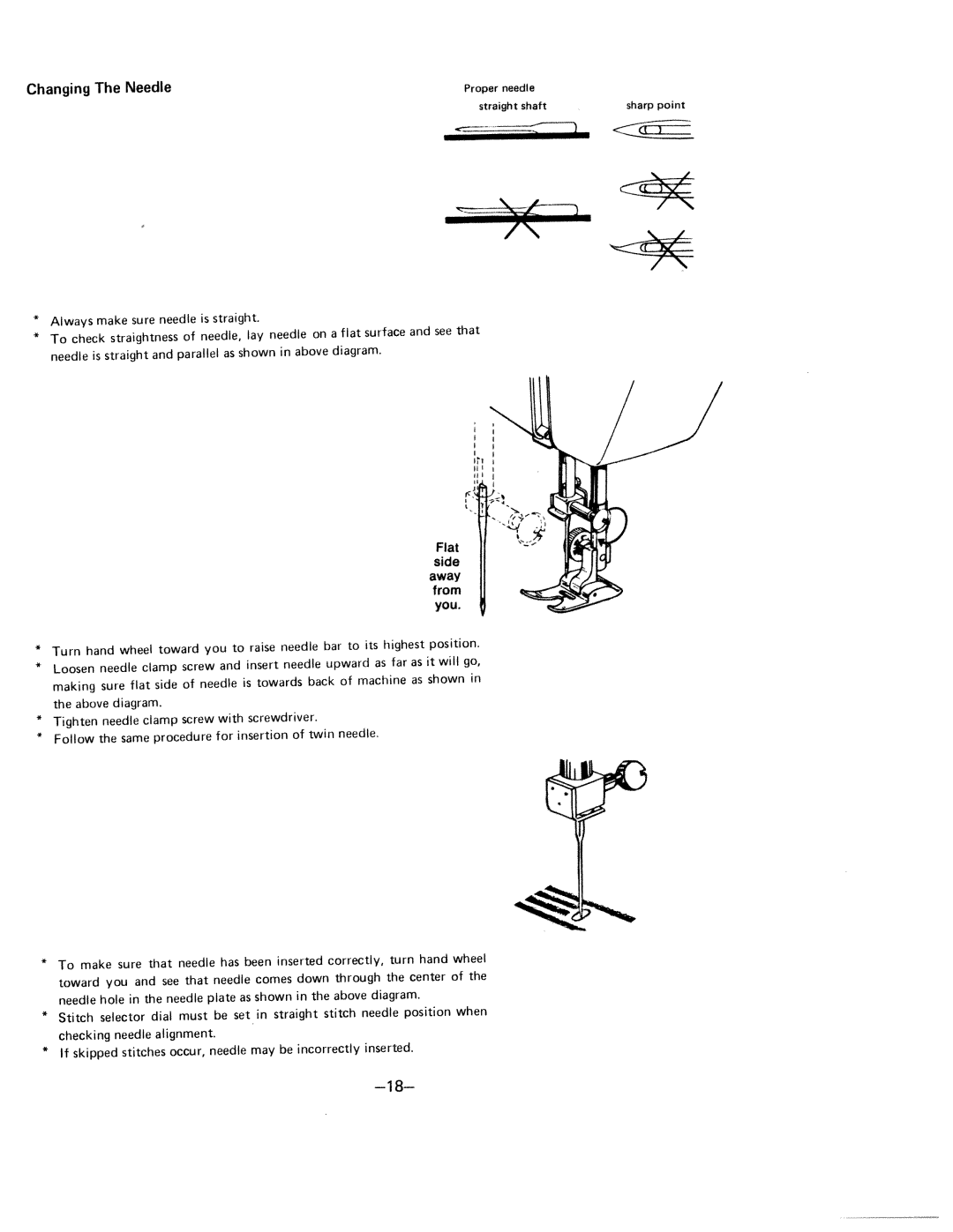 White 1570 manual Changing Needle, Inserted correctly, Center, Straight stitch 