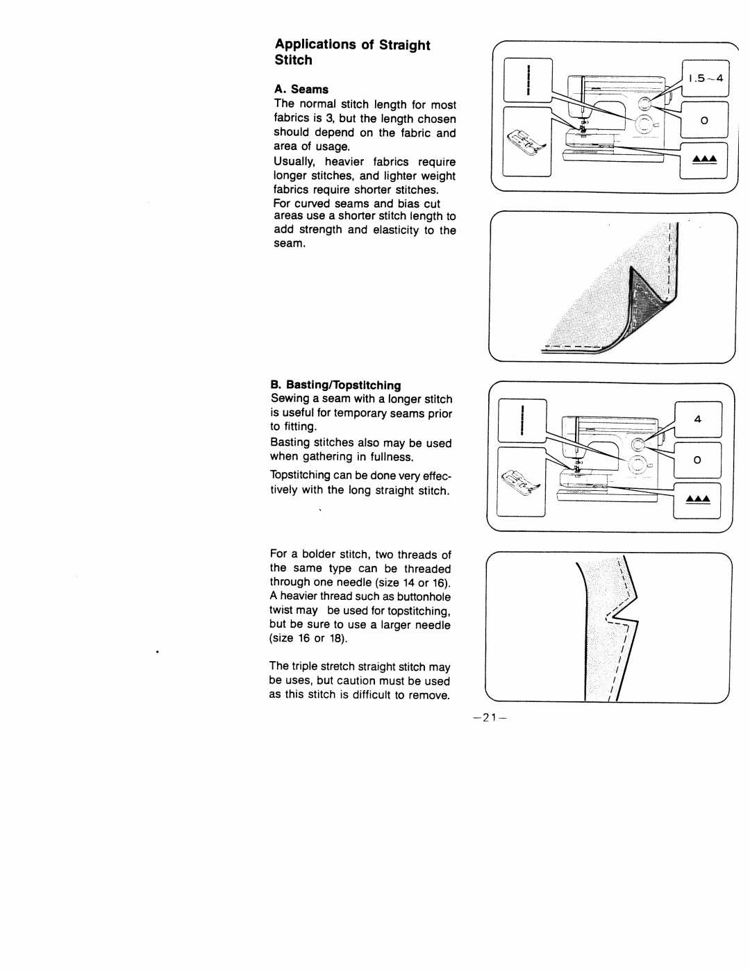 White 1599 manual Applications At Straight Stitch, Seams, Area, Basting/Topstltching, Threads 