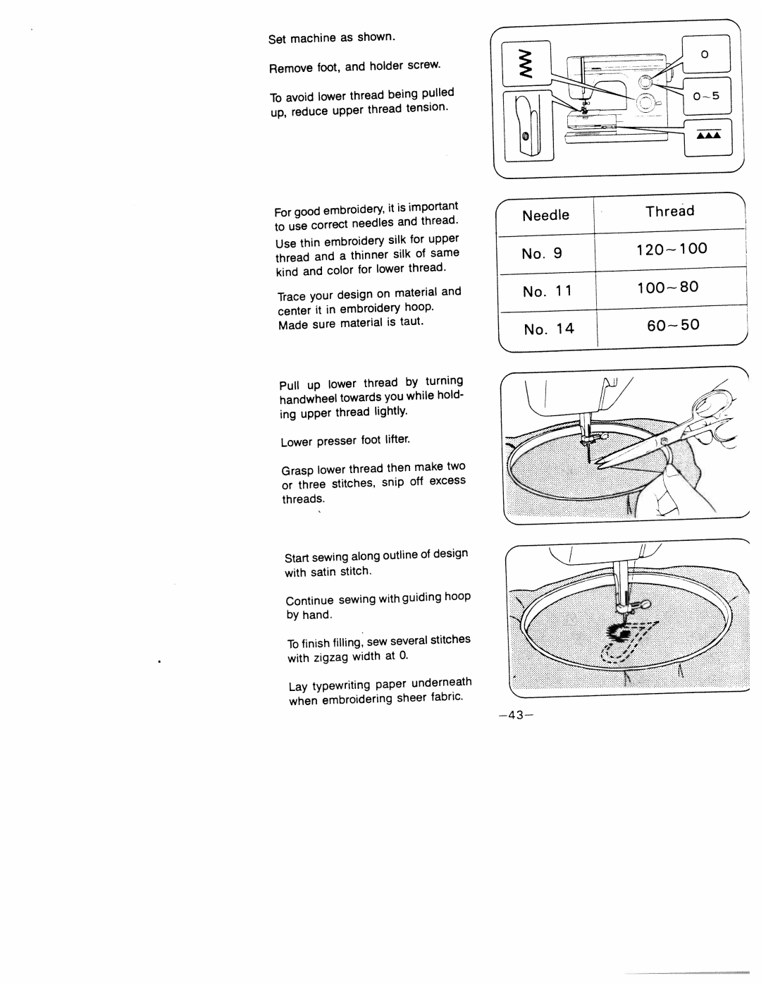 White 1599 Machine as shown, Reduce Upper Thread Tension, Design on, Grasp lower thread then make two Three, Underneath 