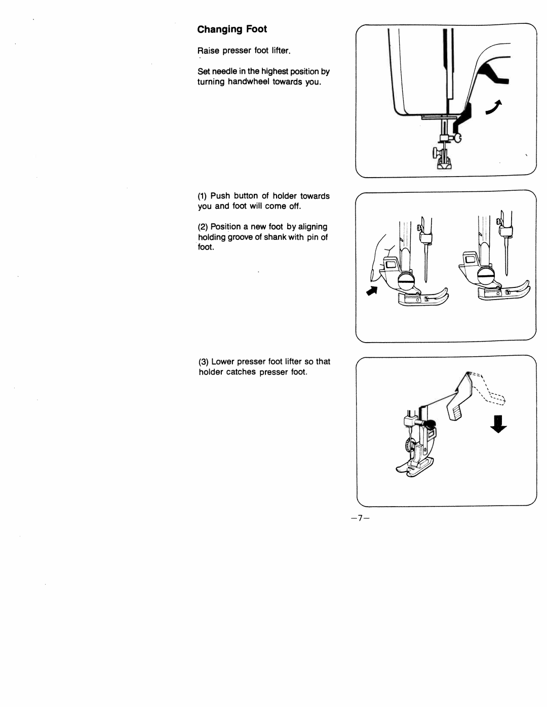 White 1599 manual Changing Foot, Presser 