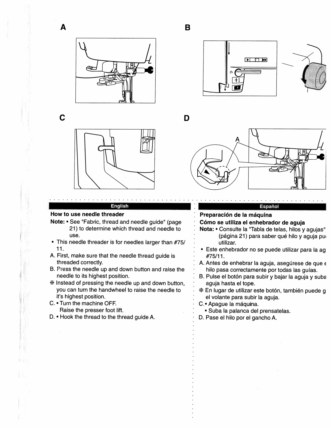 White 1780 manual Use needle threader, Preparaciôn, Cómo se utiliza el enhebrador de aguja 