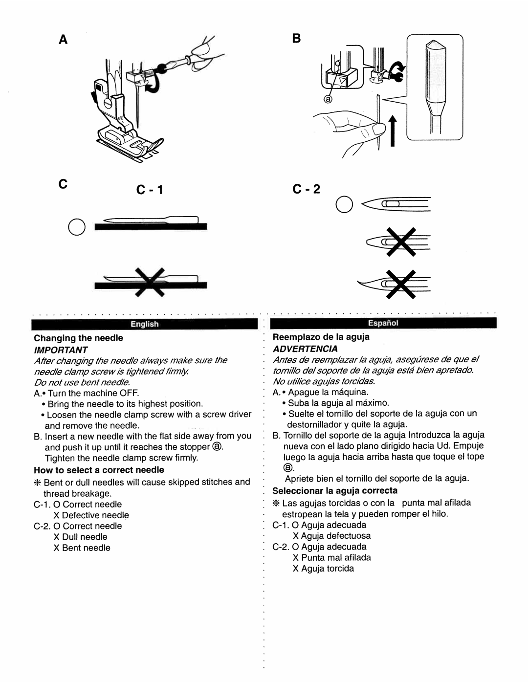 White 1780 manual How to select a correct needle, Seleccionar Ia aguja correcta 